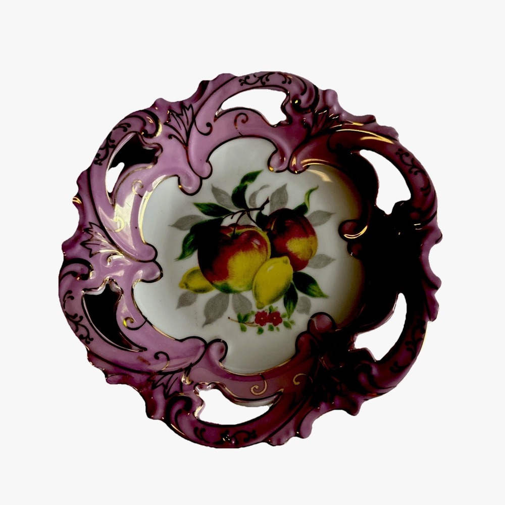 Vintage 7.5" Hand Painted Porcelain Apple, Pear & Grapes Plate w/Gold Trim Japan